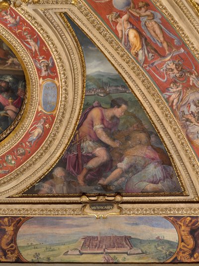 Allegorie von Borgo San Sepolcro; unten, Ansicht von Scarperia von Giorgio Vasari